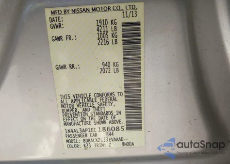 2014 Nissan Altima 2.5 Sl z USA, uszkodzony, nr VIN 1N4AL3AP1EC186085